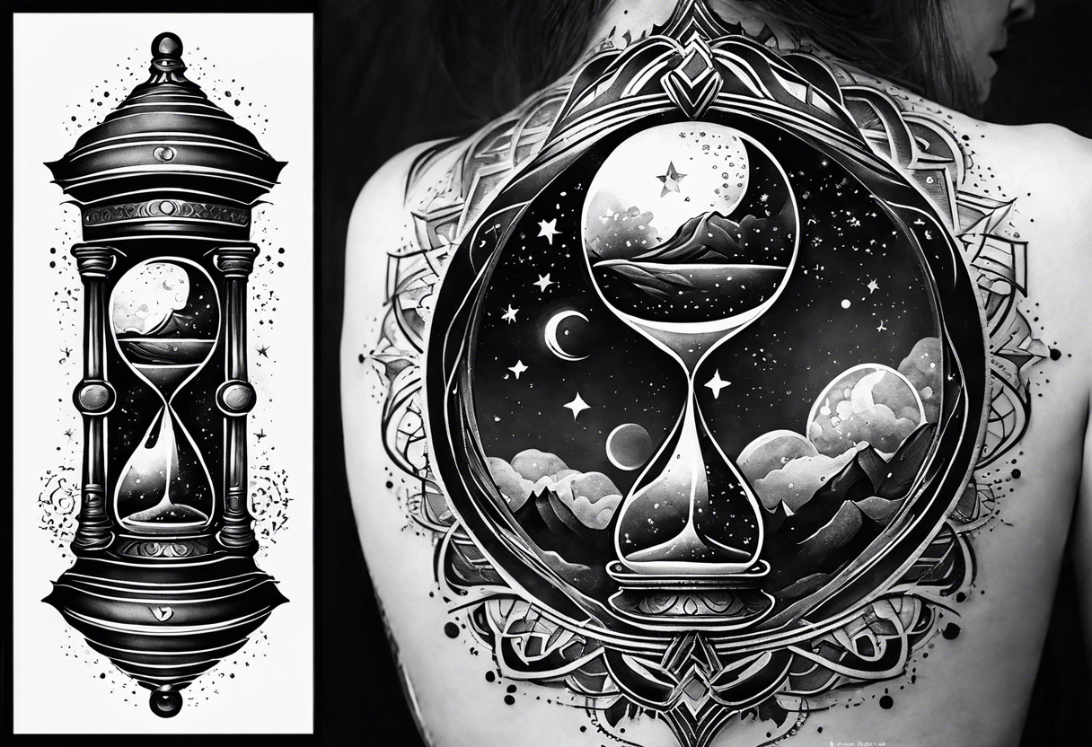 Hourglass with star stuff and cosmic dust exploding from the top and bottom of the hourglass. Long tattoo to fit on the forearm, mascuine tattoo idea