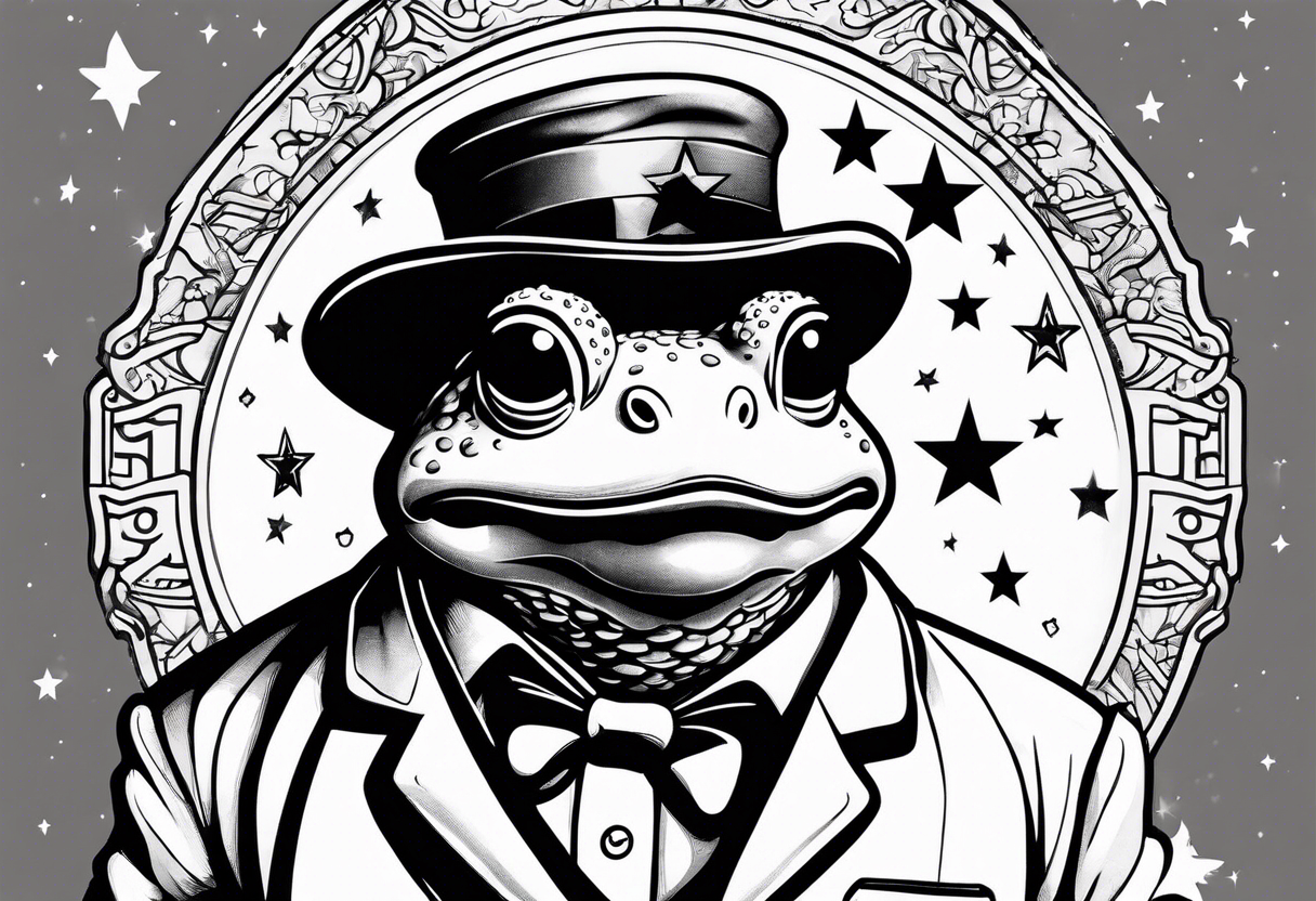 Toad in lab coat pointing at stars smirk tattoo idea