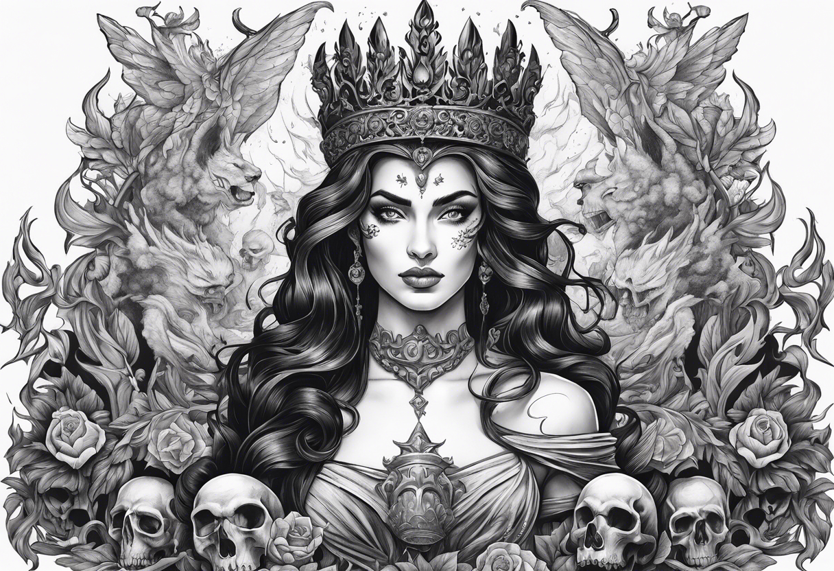 Hades wearing a black crown and Persephone in Hell surrounded by skulls and fire tattoo idea