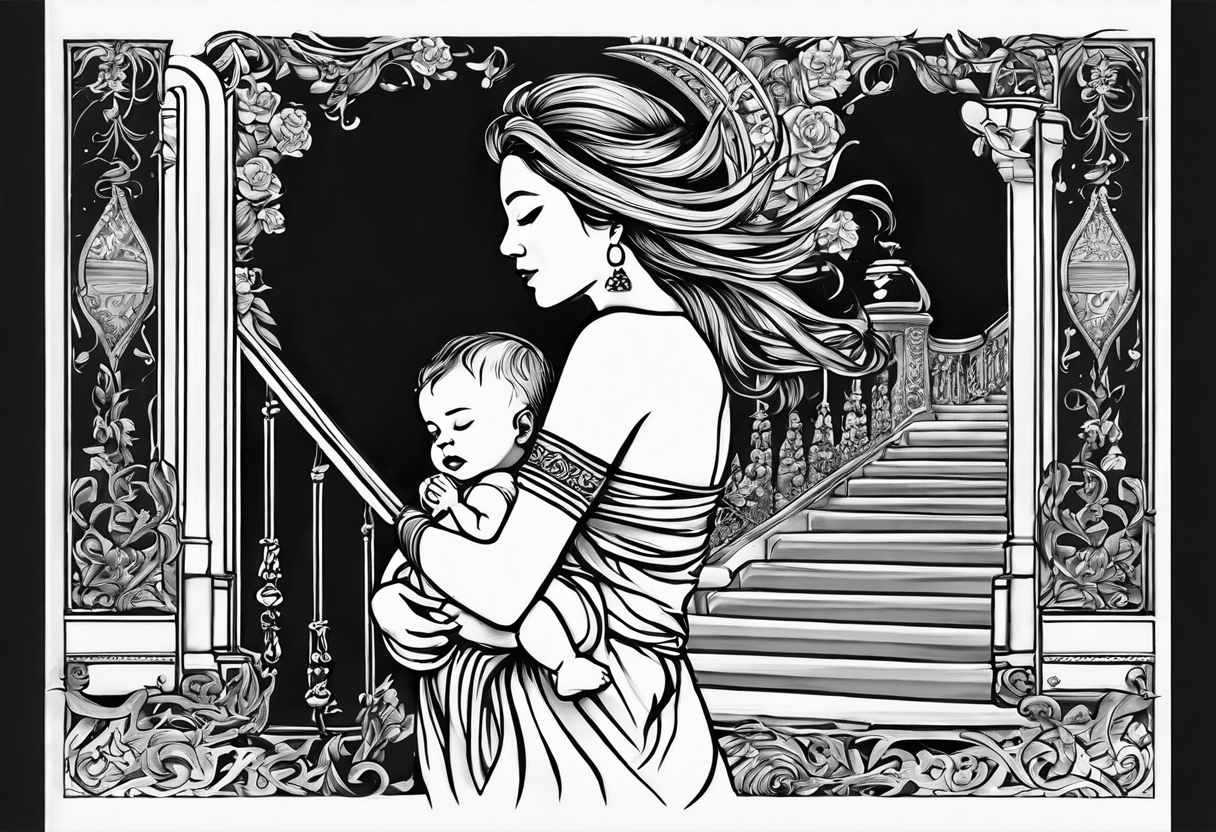 Stairway to heaven shoulder to elbow sleeve with sister holding her baby walking up the stairs and the dates 1999-2022 tattoo idea