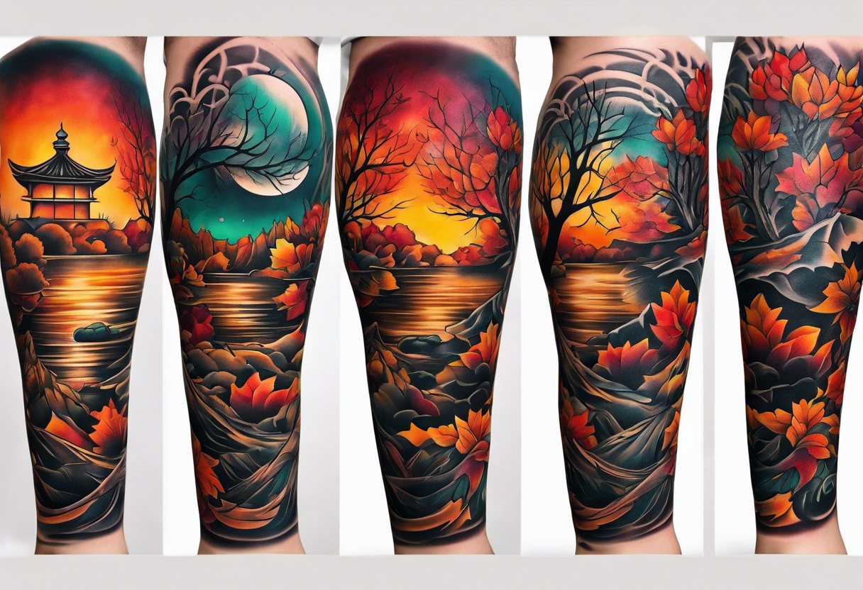 knee tattoo in fall color masculine design with no faces tattoo idea