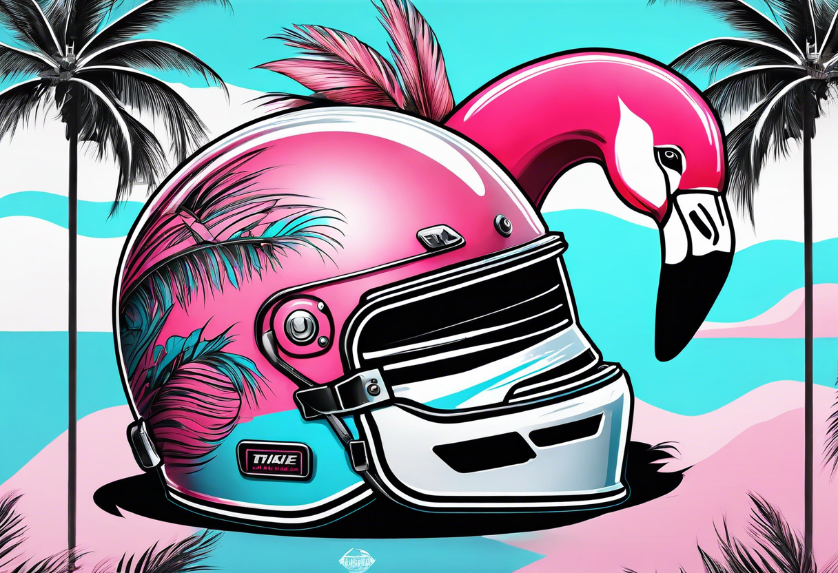 formula 1 helment with a palm tree a flamingo and black light blue and pink colors tattoo idea