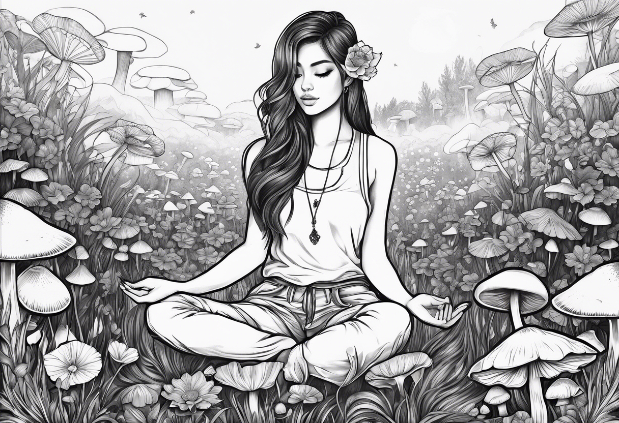 Girl sitting lotus position in field of mushrooms tattoo idea