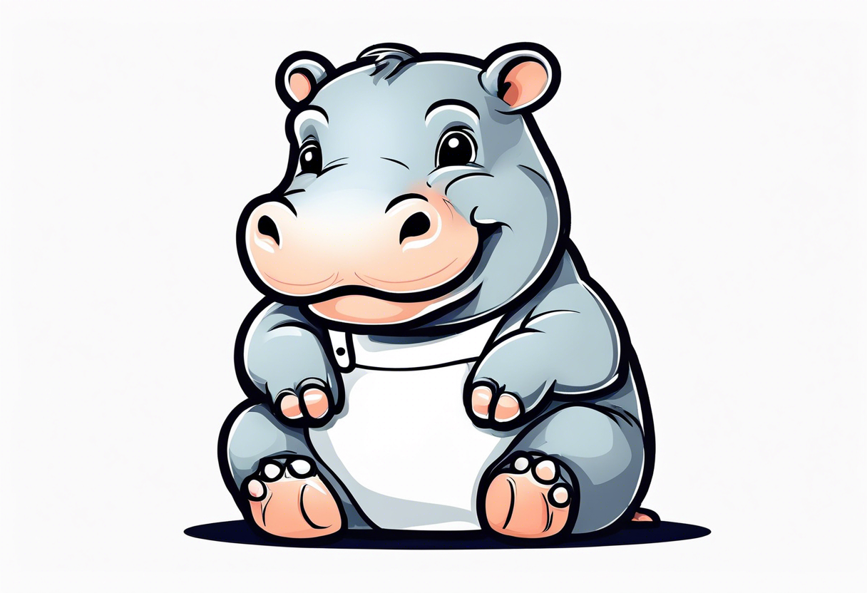 Baby hippo wearing a overalls and holding up his middle finger tattoo idea