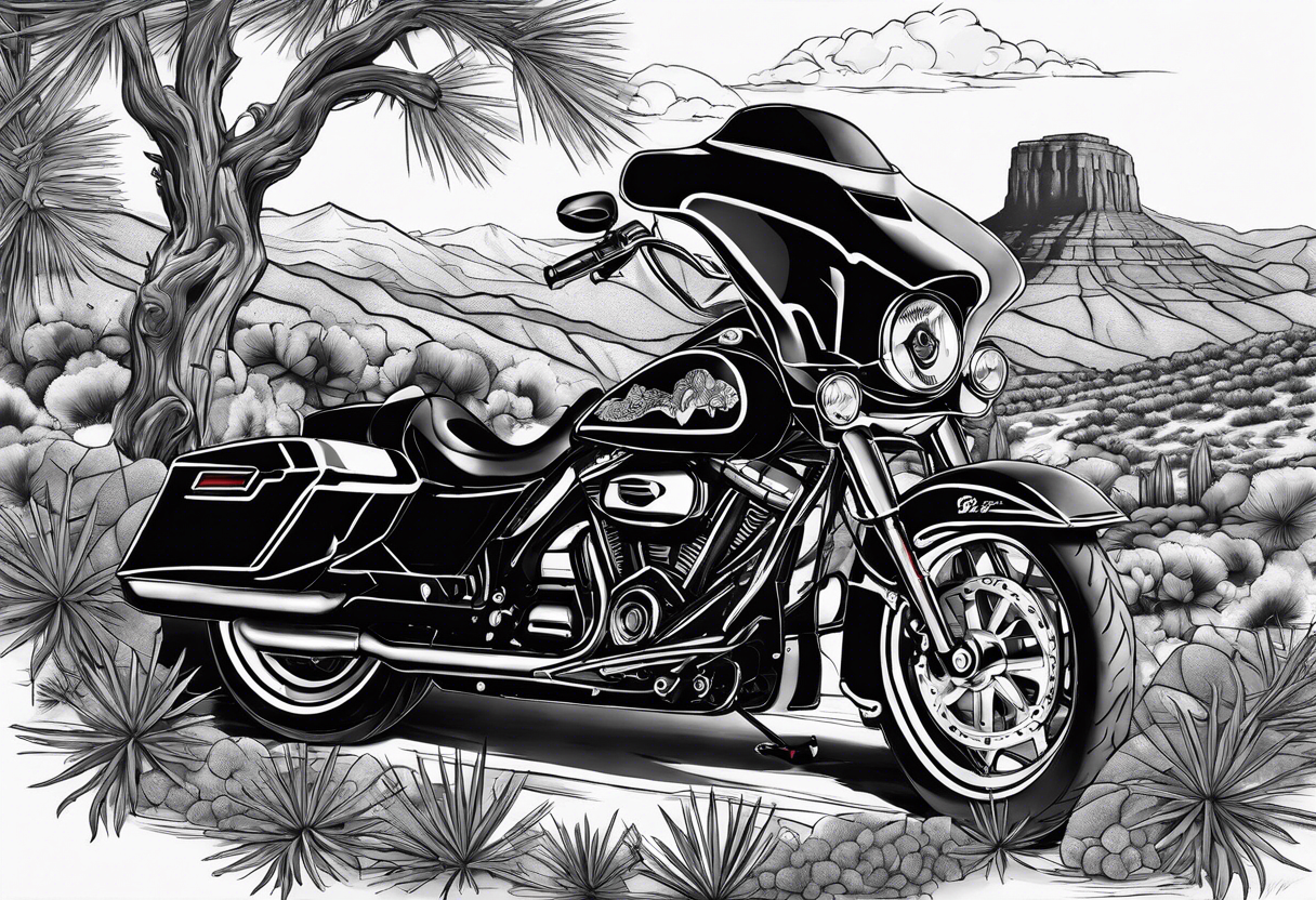 Full arm tattoo that insides:
Arizona flag 
Lion
Street glide Harley motorcycle 
Winding rode with cactus on one side and pine trees on the other 
Mountain 
Vanitas tattoo idea