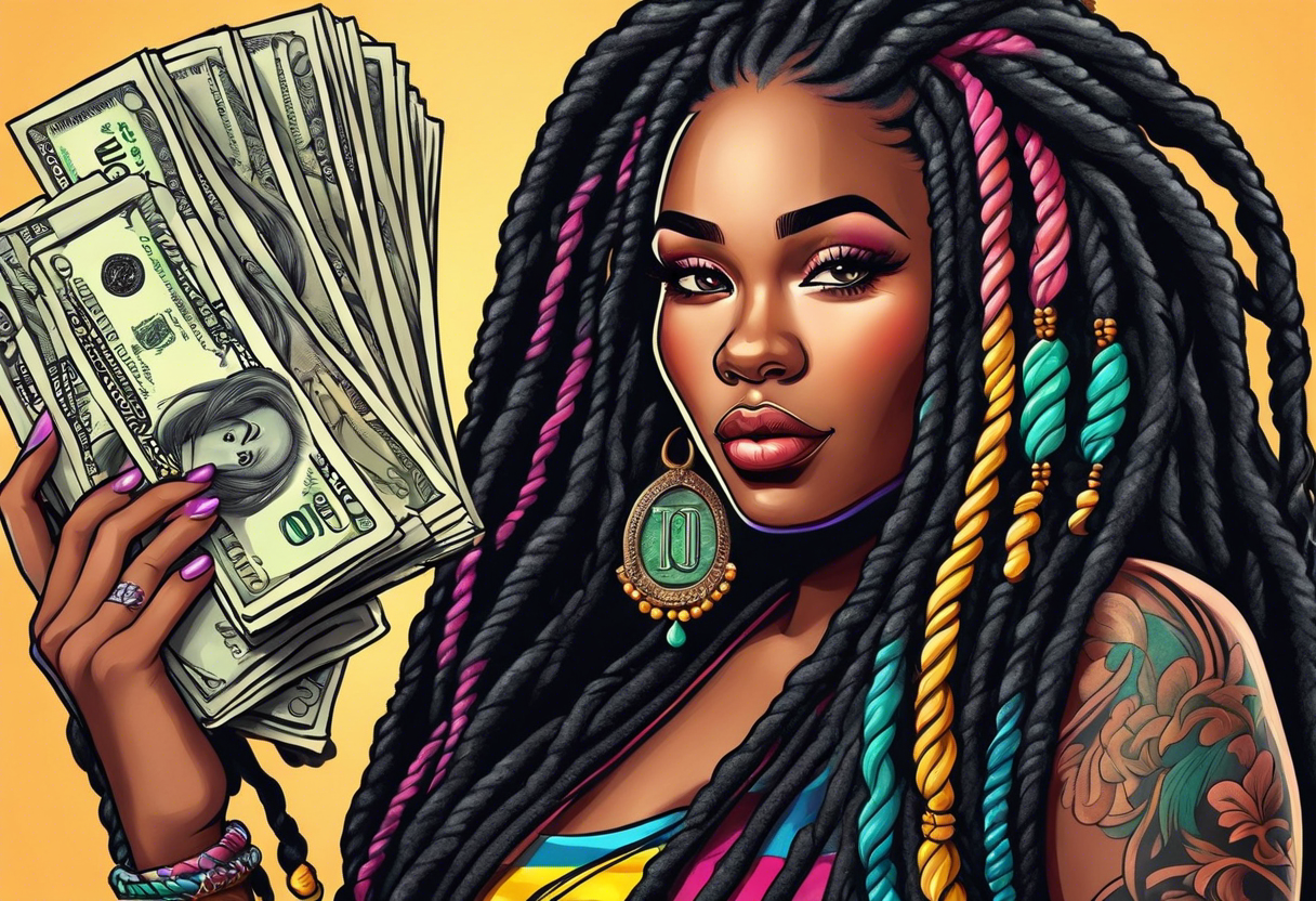 beautiful thick black women with long straight dreadlocks, new school style, holding piles of money, colorful, pastel, old school traditional, tattoo idea