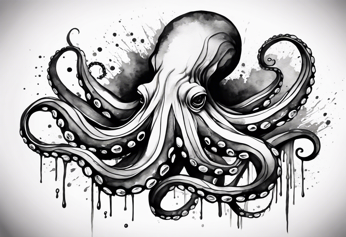 Using the watercolor technique to create a soft, flowing depiction of an octopus, with b and w that bleed outside the lines to represent the fluidity of water. tattoo idea