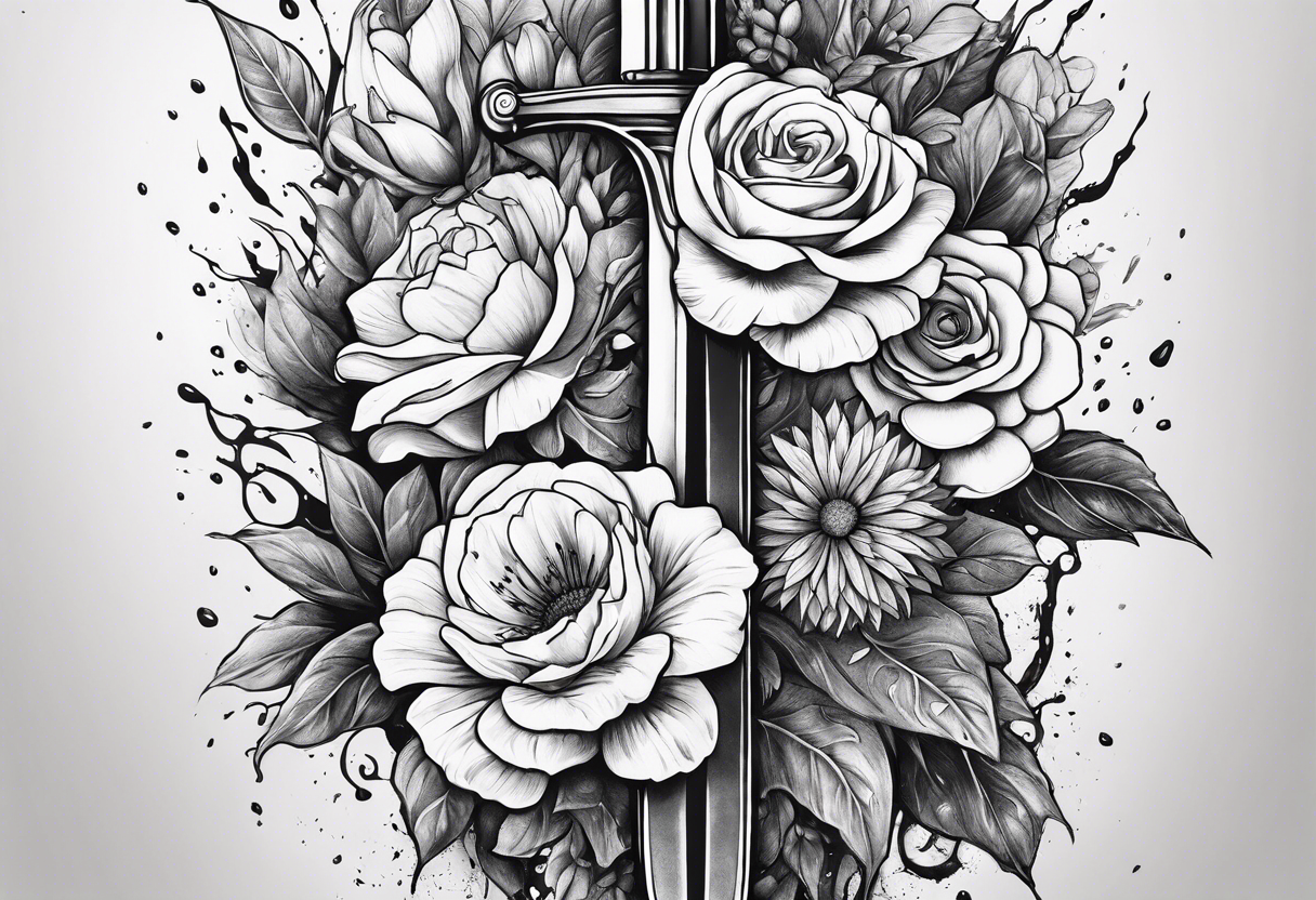 Bloody sword dripping onto flowers tattoo idea