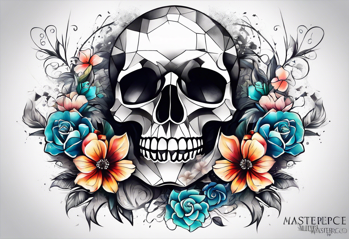 front knee tattoo with flowers & skulls, swirls & water washes, background washes tattoo idea