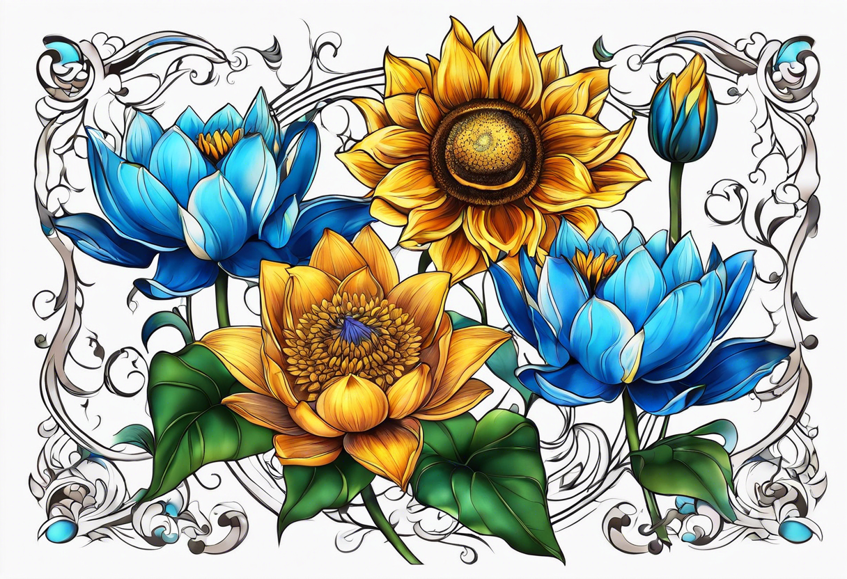 Blue lotus, sunflower, and fire lily flowers representing the holy trinity tattoo idea