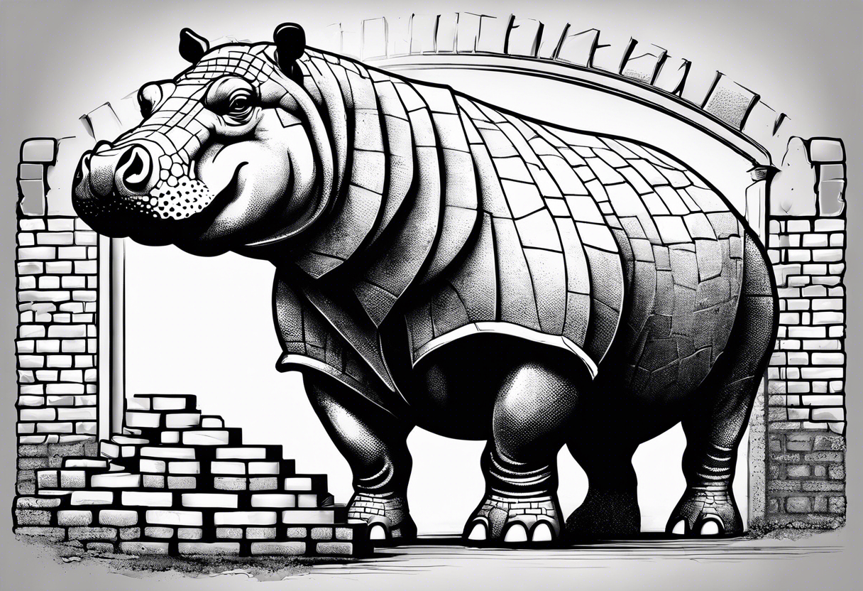 Hippopotamus standing upright and laying bricks onto a partially built brick wall tattoo idea