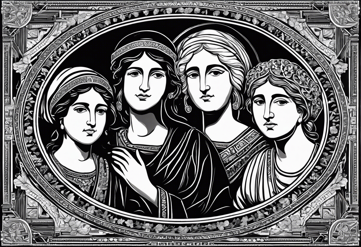 three greek people side by side. a really really young Daughter on the left, mother in the middle, really really old grandmother on the right. greater age difference, in an artfully decorated frame tattoo idea