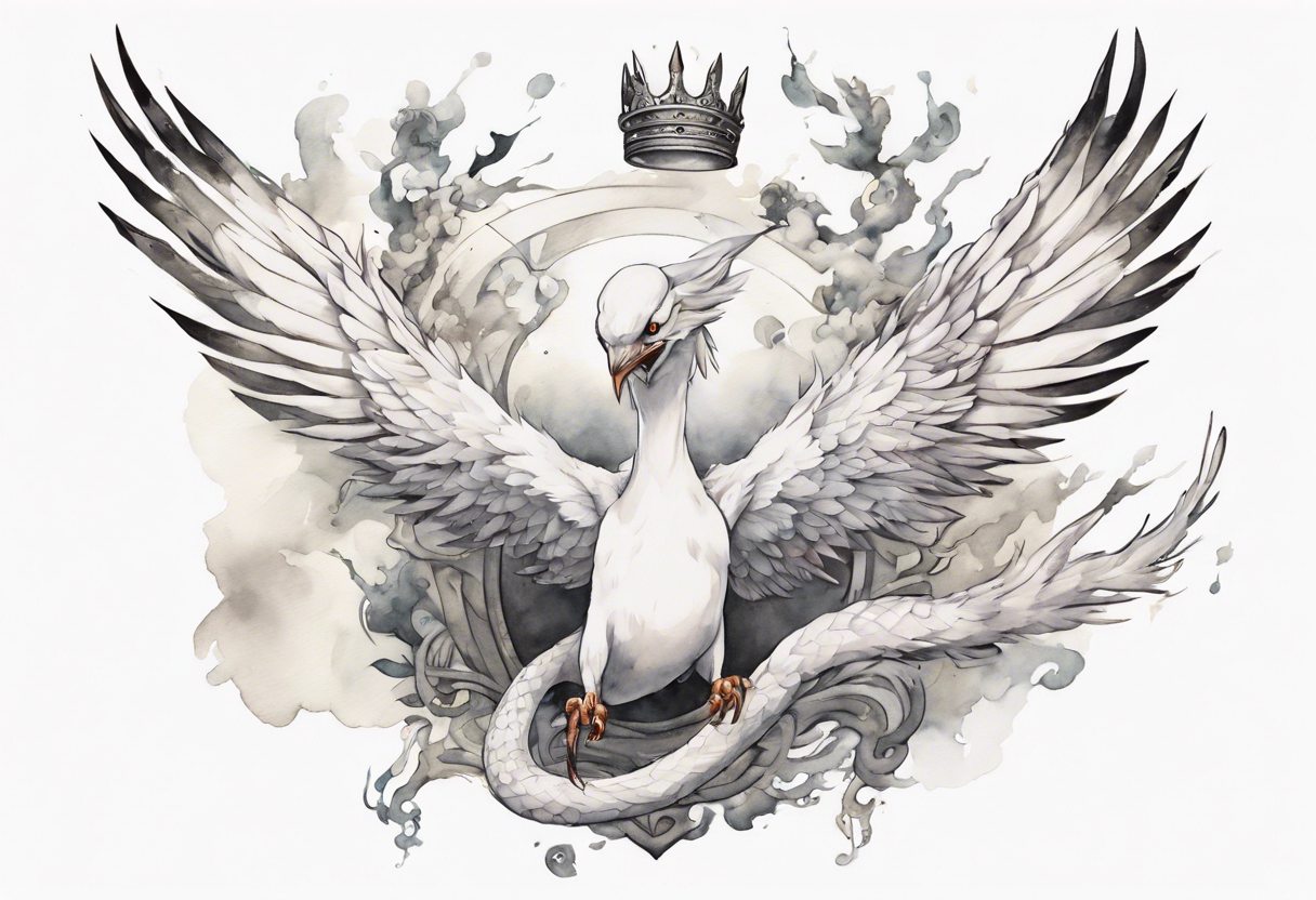 a white bird-serpent hybrid, wearing a pewter crown on its head, flying in the air tattoo idea