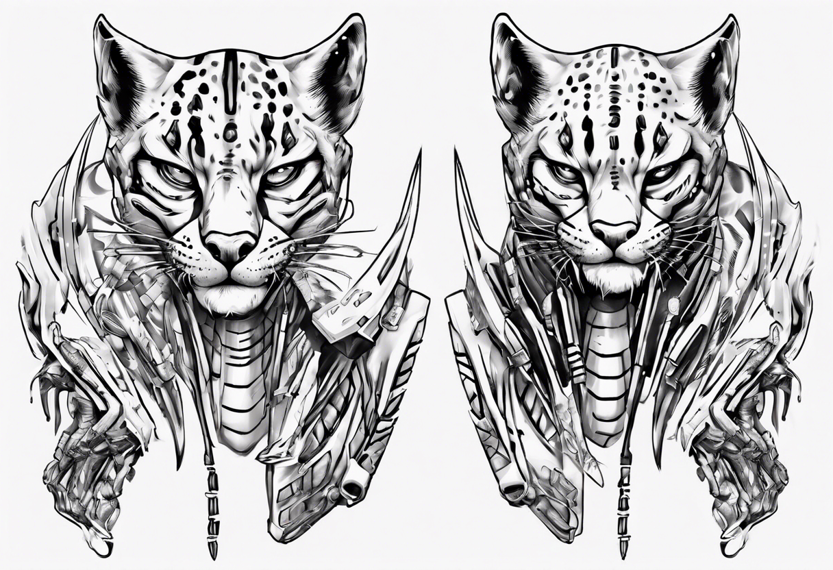 cybernetic ocelot full body teeth showing tattoo idea