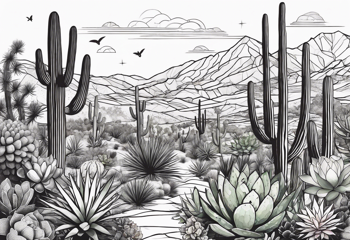 Modern Mexican style desert garden with cactus and small succulents add tiny moth flying tattoo idea