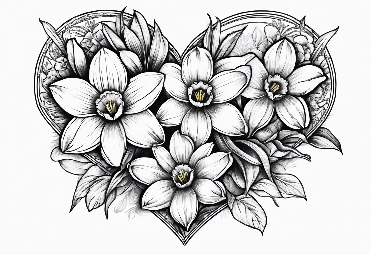 Daffodils in a heart shape with pawprint in center tattoo idea