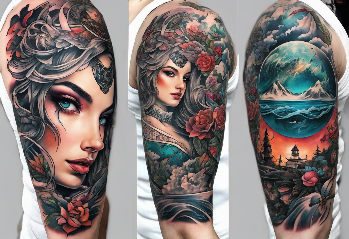 High fantasy story book collage sleeve tattoo tattoo idea