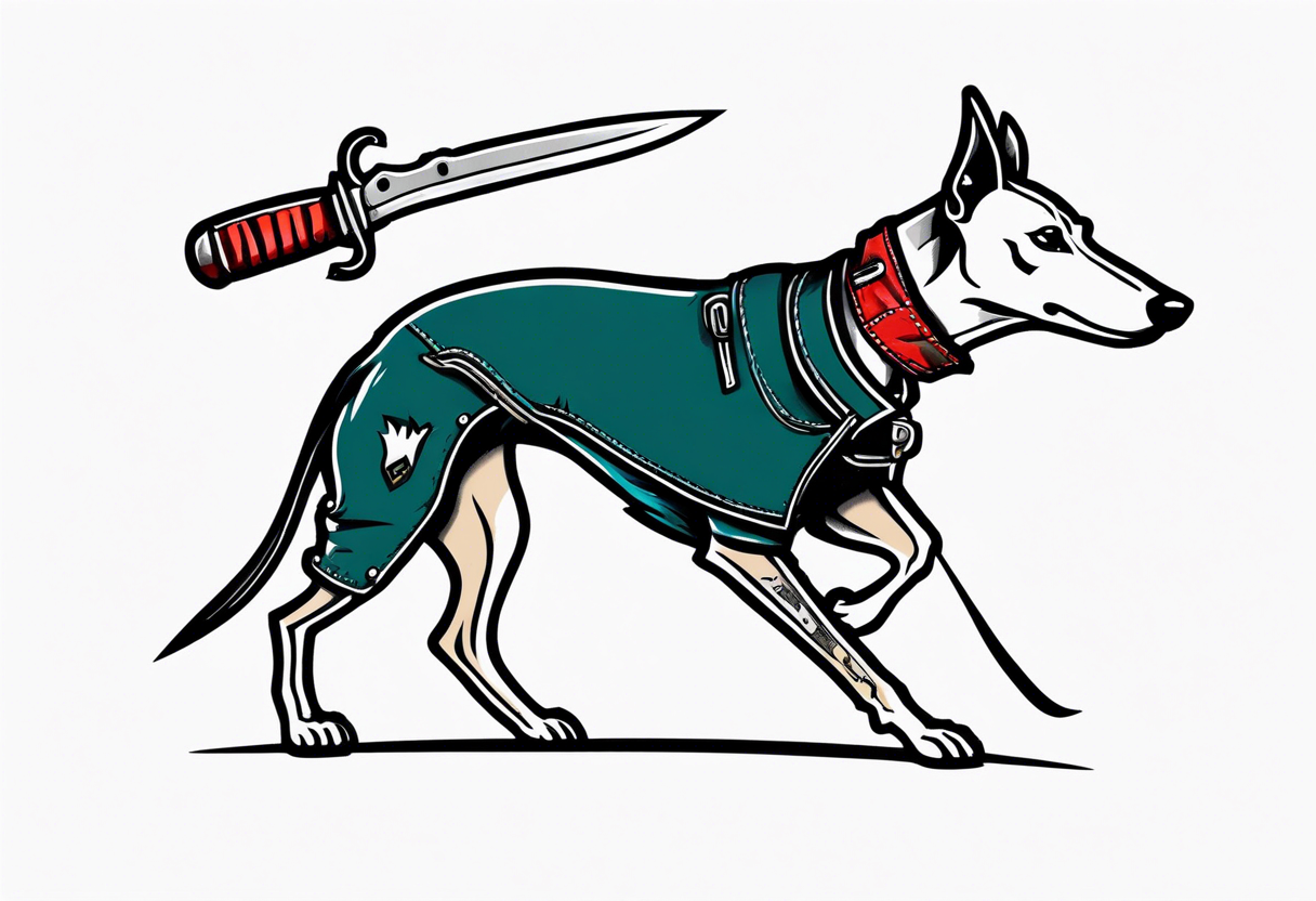 Punk greyhound with leather jacket and holding a switchblade knife tattoo idea