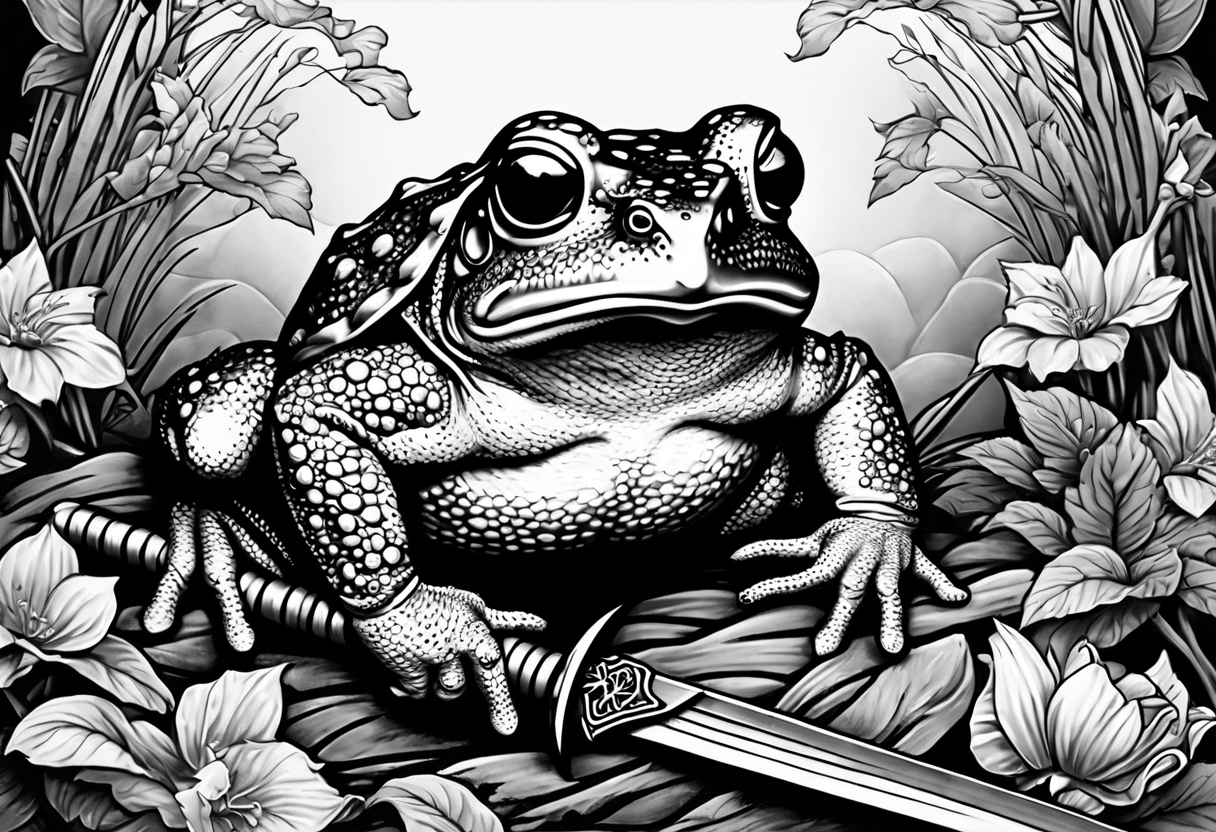 toad with sword; samurai sword Is pointing down(sword stuck in the ground) as if the toad was standing; no clothes tattoo idea