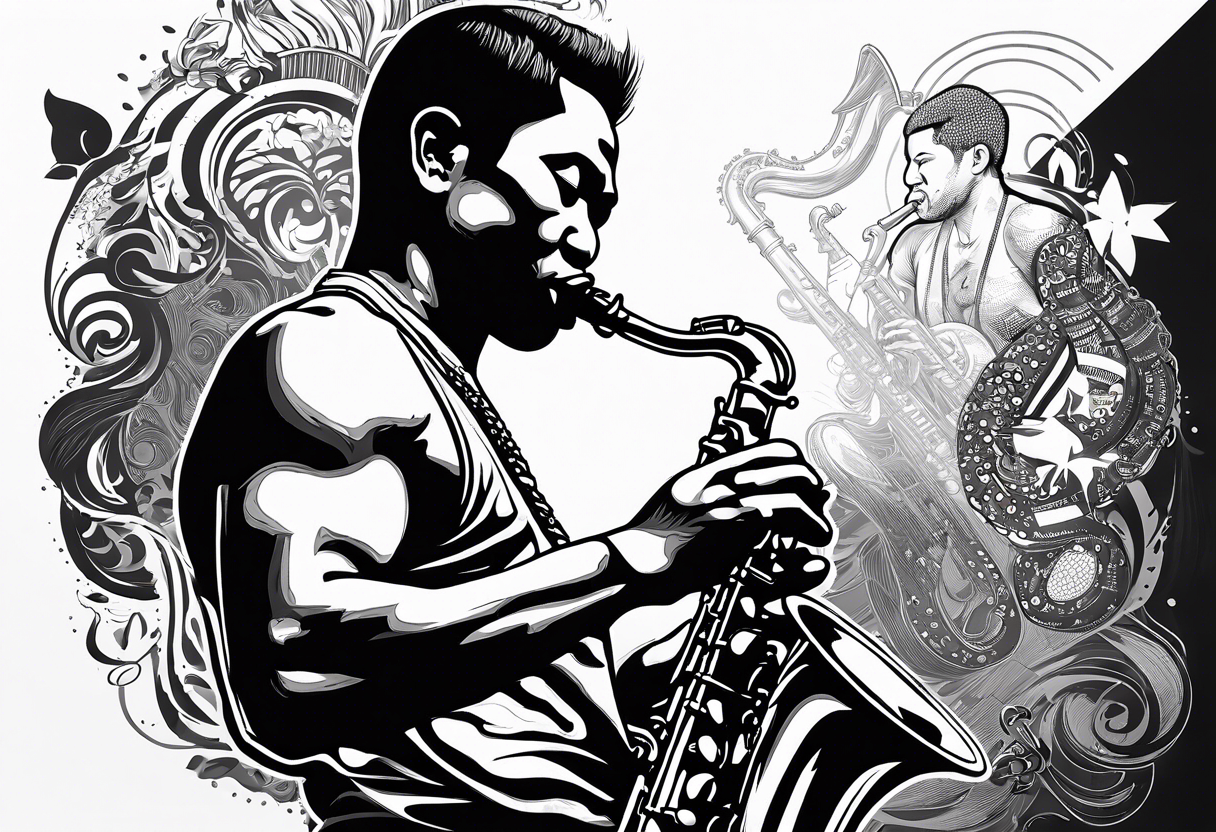 Muay Thai boxer with strong body is playing jazz on a Selmer tenor saxophone in a jazz club front of a jazz trio band. The notes are coming out from the saxophone and turning into buddhist symbols. tattoo idea