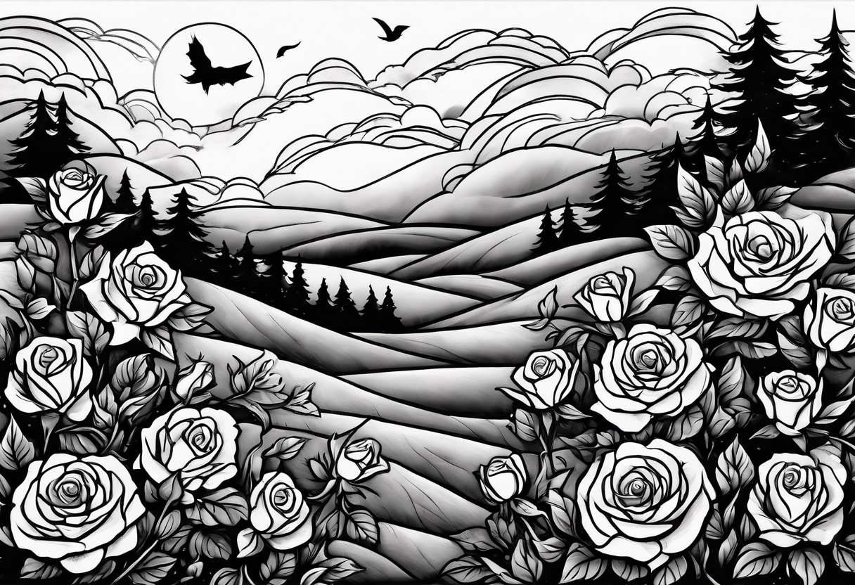 a dark night with a lightening storm outside in a field of roses tattoo idea