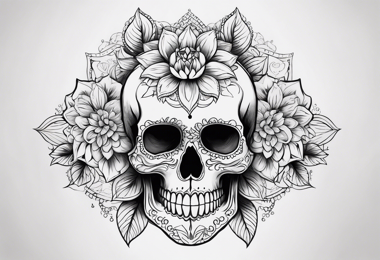 Draw me a realistic skull with black cigarette smoke out of his mouth add some flowers underneath with some mandalas at the bottom tattoo idea