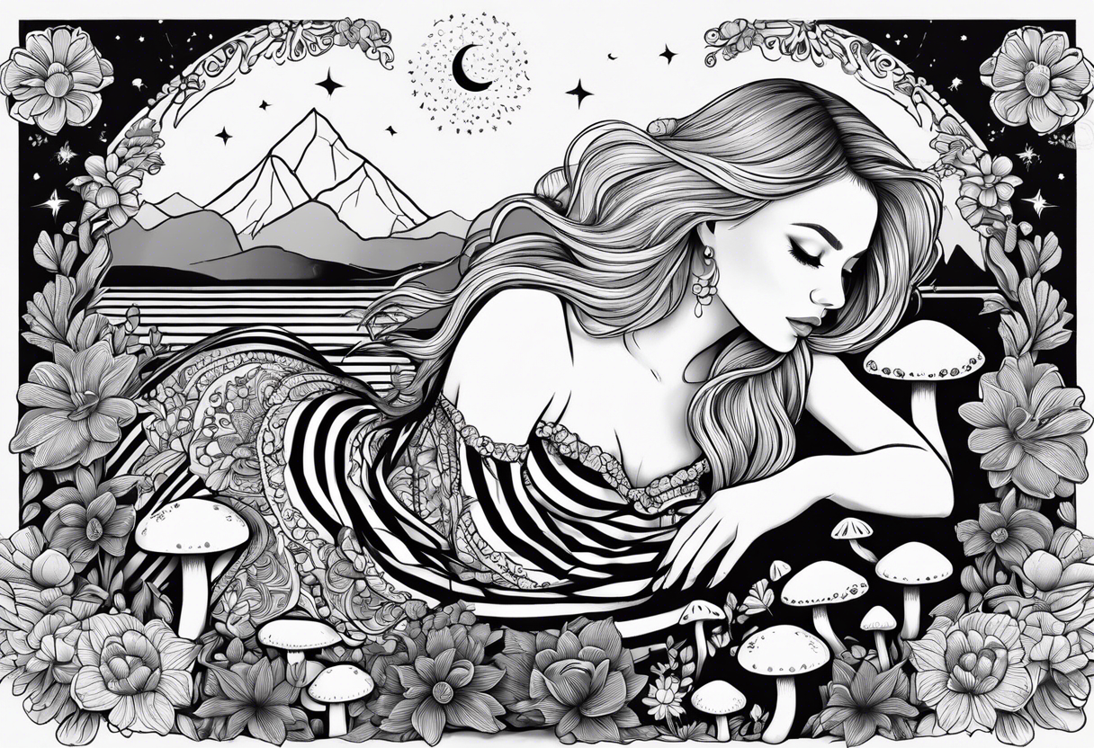 Straight blonde hair girl in black and white striped dress sleeping in a field of mushrooms with mountains s
and crescent moon mandala background tattoo idea