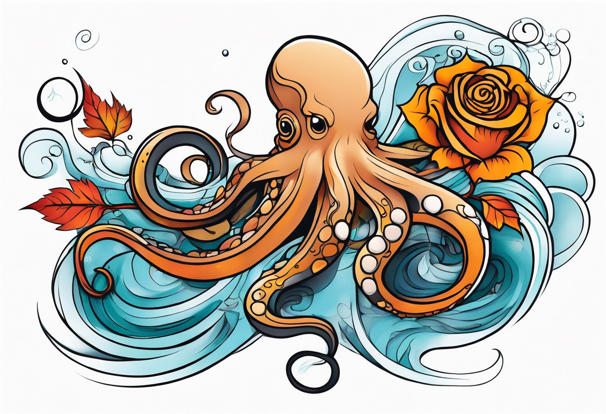 masculine abstract left thigh tattoo with a large long flowing octopus in water swirls wrapping around rocks, with a rose, in fall colors with some small leaves and fall elements tattoo idea