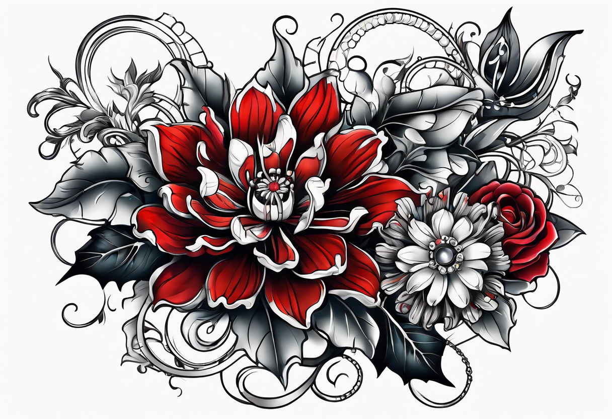 Mechanical flowers with red accents tattoo idea