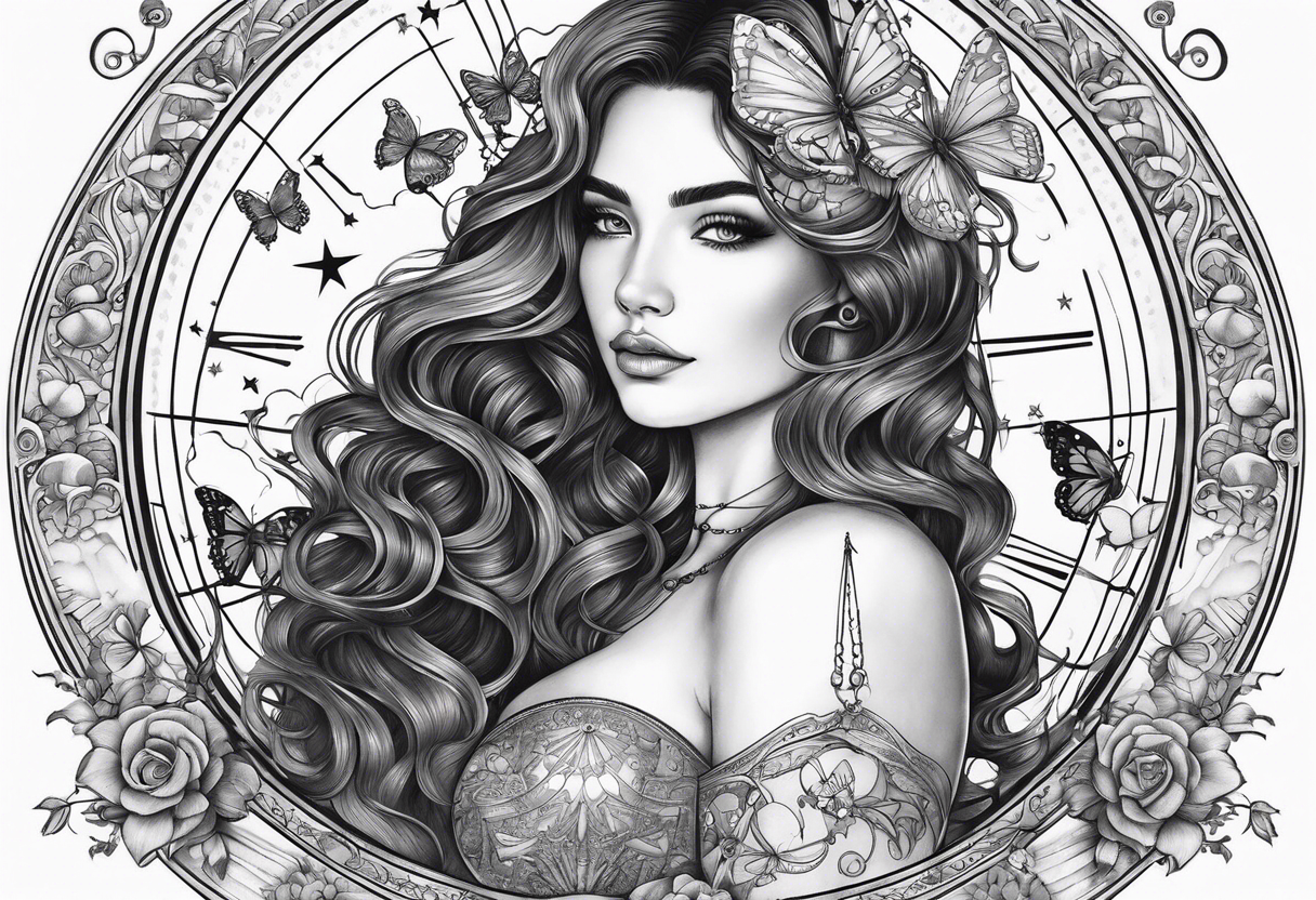 Beautiful woman with butterflies in her long wavy hair sitting on a half moon holding the libra scales with a moon and star background tattoo idea