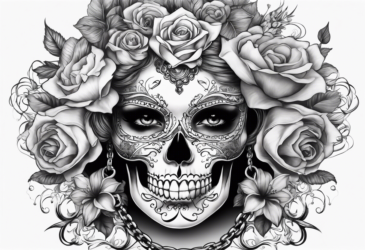 Draw me a Lady like skull with smoke out of his mouth add some flowers underneath with some ornamentals and Chains under it tattoo idea