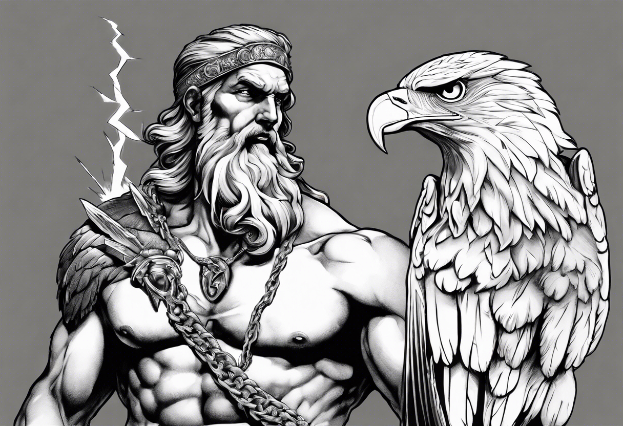 Zeus holding a wicked lightening bolt in his hand with an eagle by his side in greyscale tattoo idea