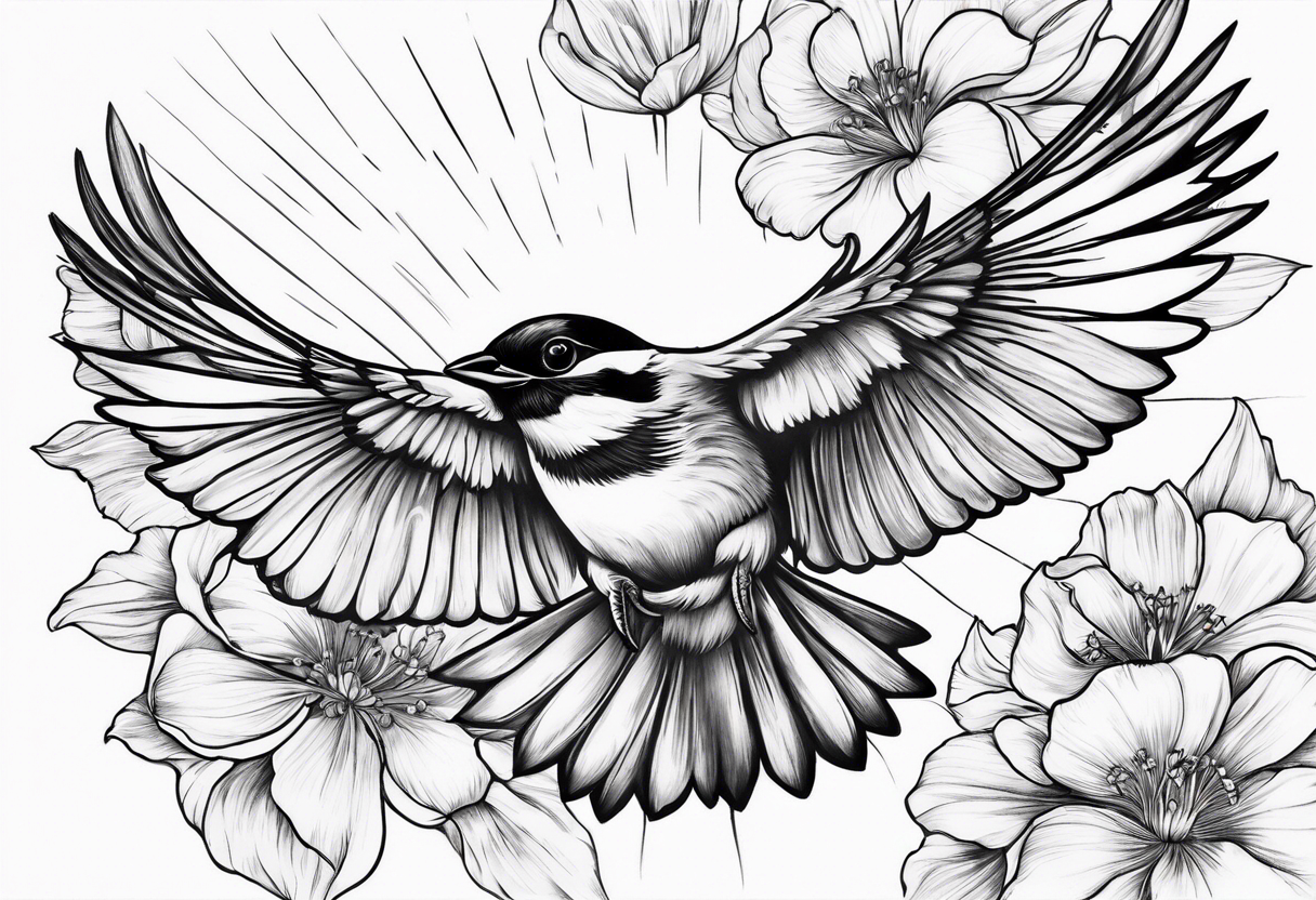 one flying 
sparrow, sunrays, 
make it a neck sleeve
add in a cosmos, iris, daisy, poppy and larkspur tattoo idea