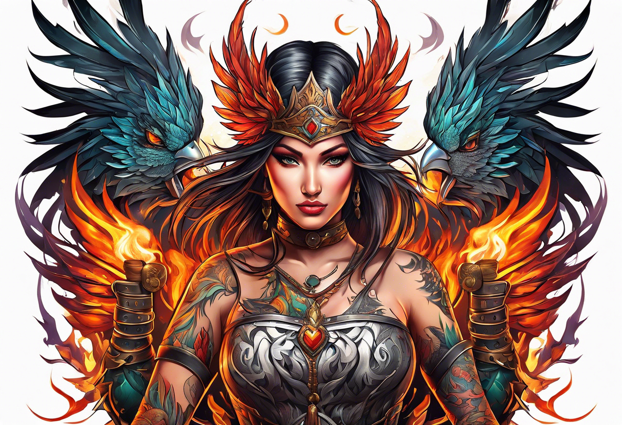 female phoenix scarred warrior with weapons burning tattoo idea