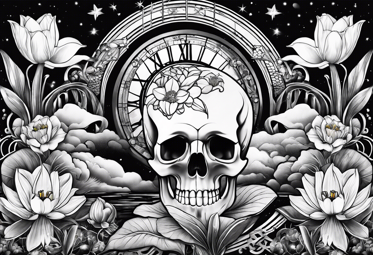 sleeve tattoo including science, skulls, roller coaster track, space and stars, water lily, daffodil, lily of the valley tattoo idea