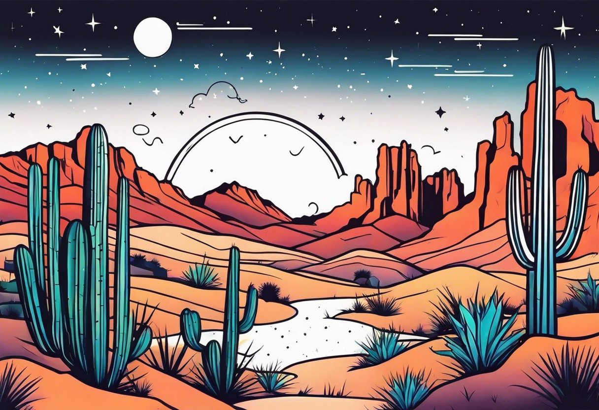 Galaxy sky with Arizona landscape with cactus tattoo idea