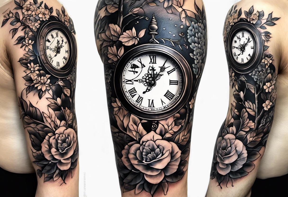 combination of a floating nautical compass and a old school clock face, and a doctor bird and tree of life and decorated with lignum vitae flowers, 3/4 sleeve on arm, flowing down the arm tattoo idea