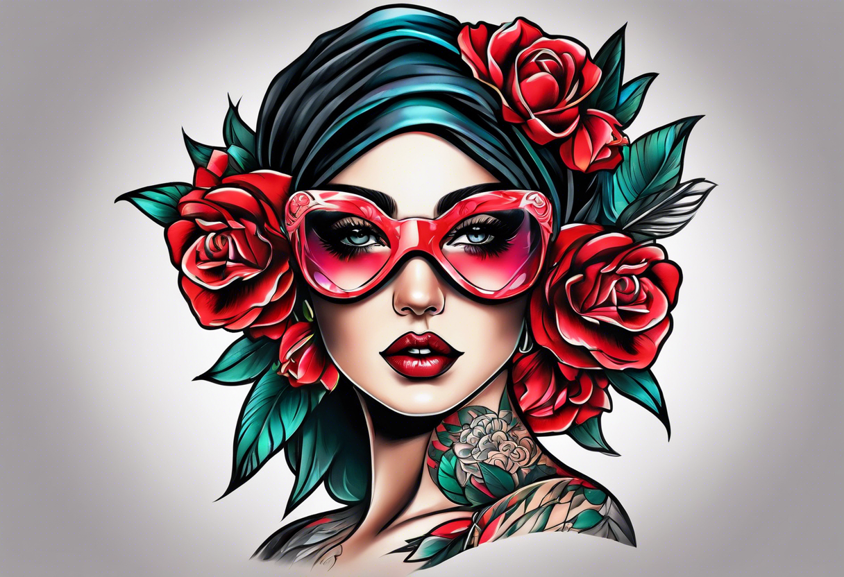 Bold Neo traditional blindfolded woman tattoo idea