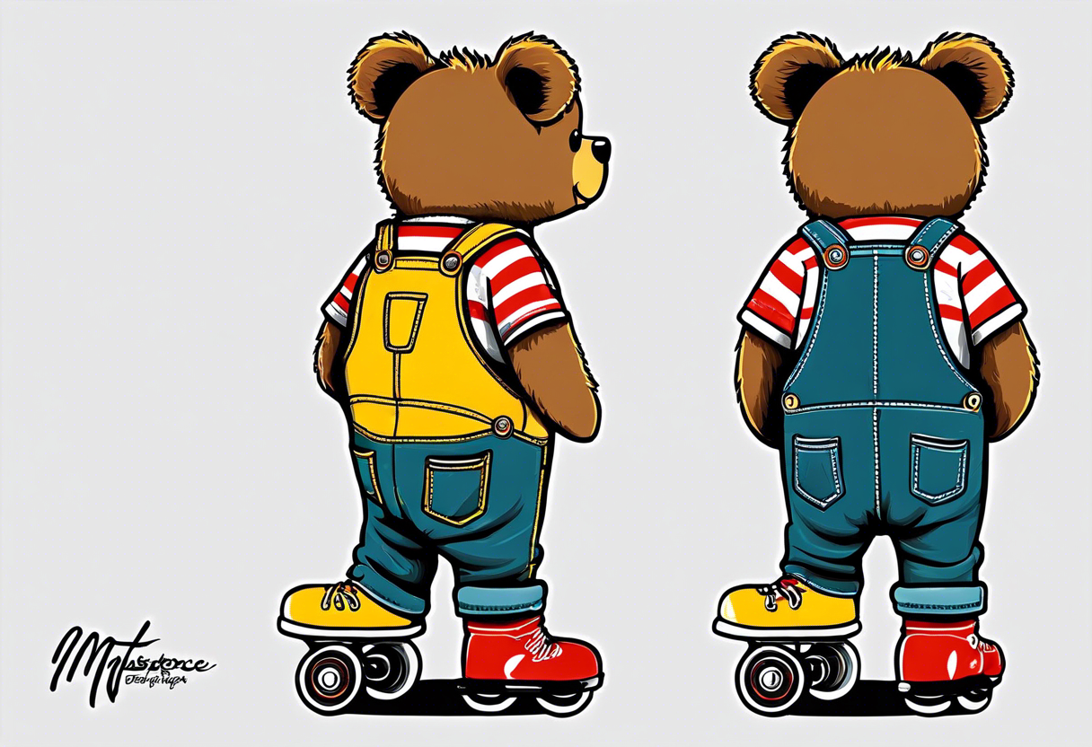 the back of one standing, skinny, brown ,
teddy bear in long, yellow overalls and white roller skates with red stripes on his feet tattoo idea