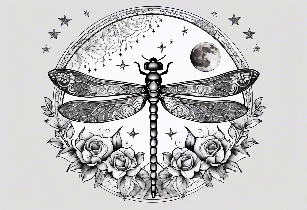 Floral moon phases with dragonfly and chain with stars in a line tattoo idea
