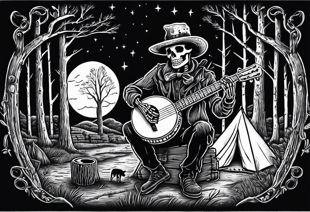 Skeleton playing banjo wearing a coal minor hat at night in the woods of west virginia around a camp fire tattoo idea