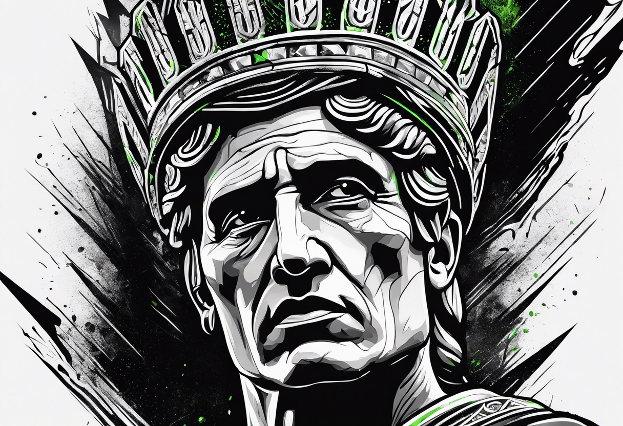 Julius Caesar tattoo with streaks of neon green lightning tattoo idea