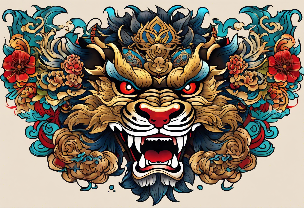 Double chest piece, done in Neo Japanese style of Okinawa shisa. On one side is the male with his mouth open, and the other side, the female with her mouth closed. tattoo idea