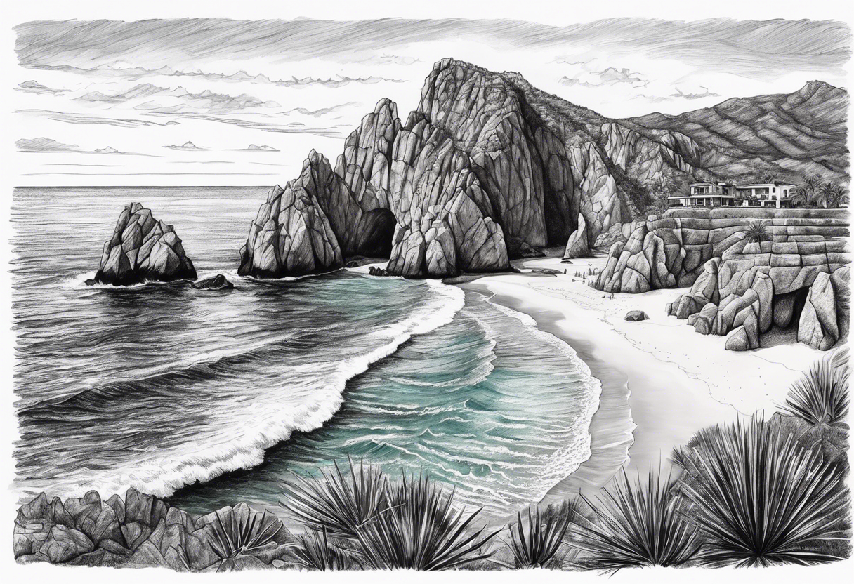 Cabo San Lucas beach with the famous rock formation overlooking ocean tattoo idea