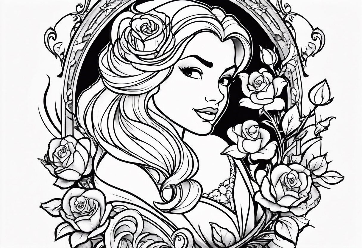 Disney tattoos upper arm sleeve with beauty and the beast flower and rhe poison apple from snow white tattoo idea