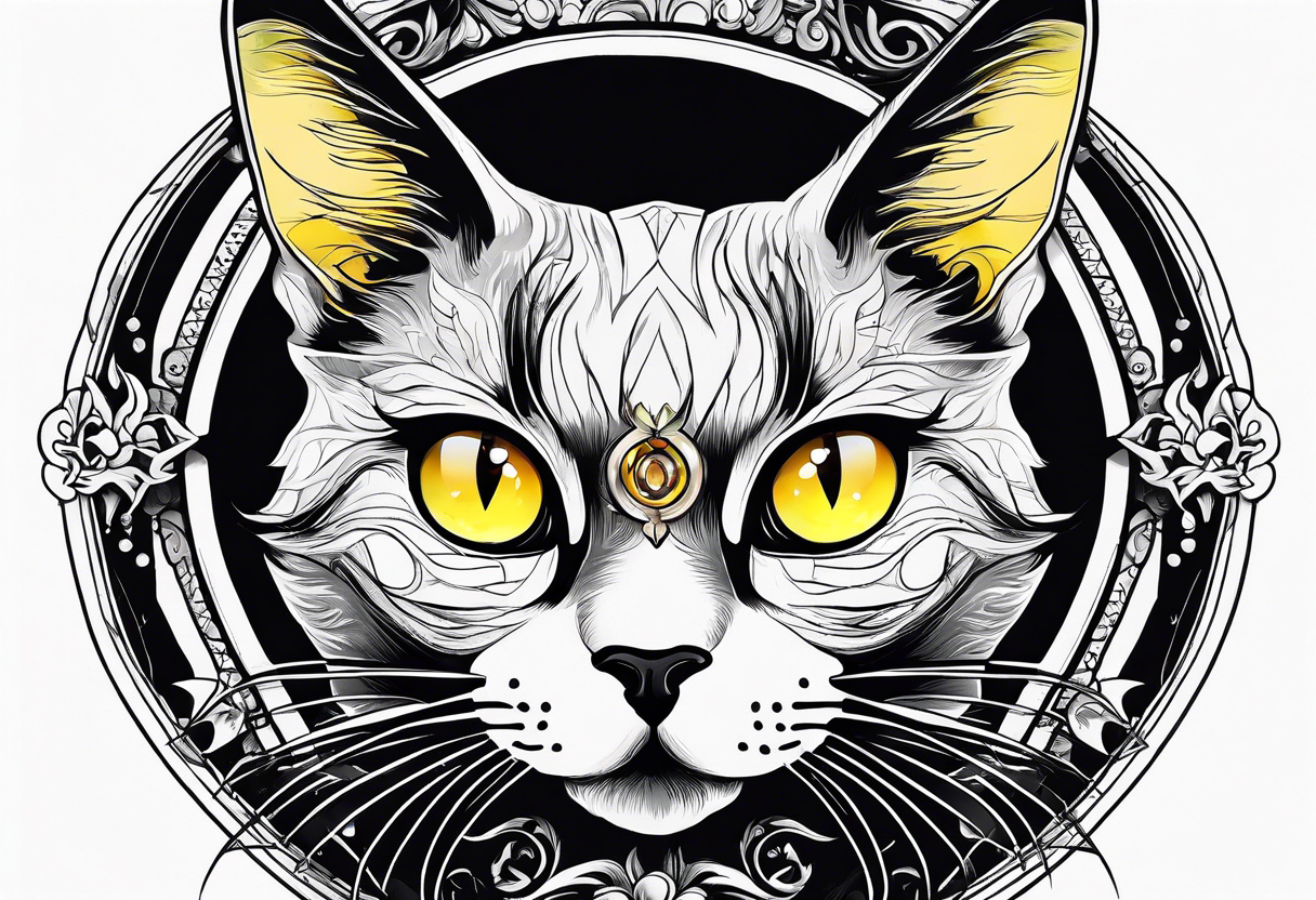 Black Cat with yellow eyes, cat's eye nebula in background tattoo idea