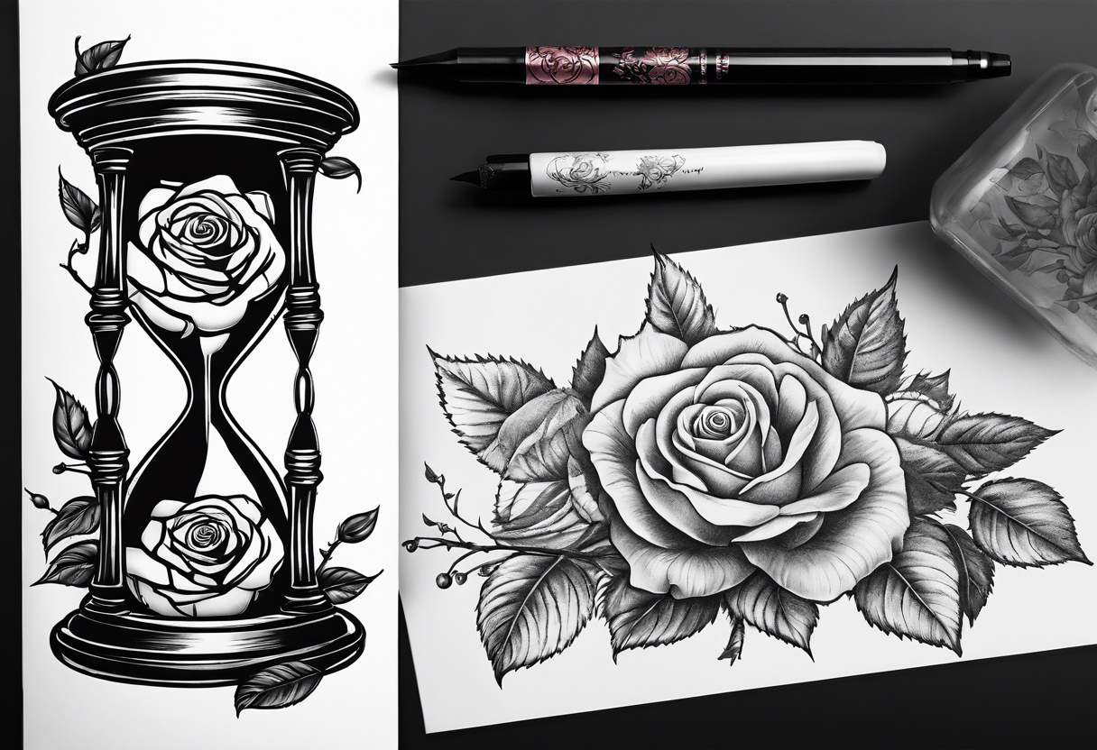 Rose beside hourglass with cherry tree inside tattoo idea