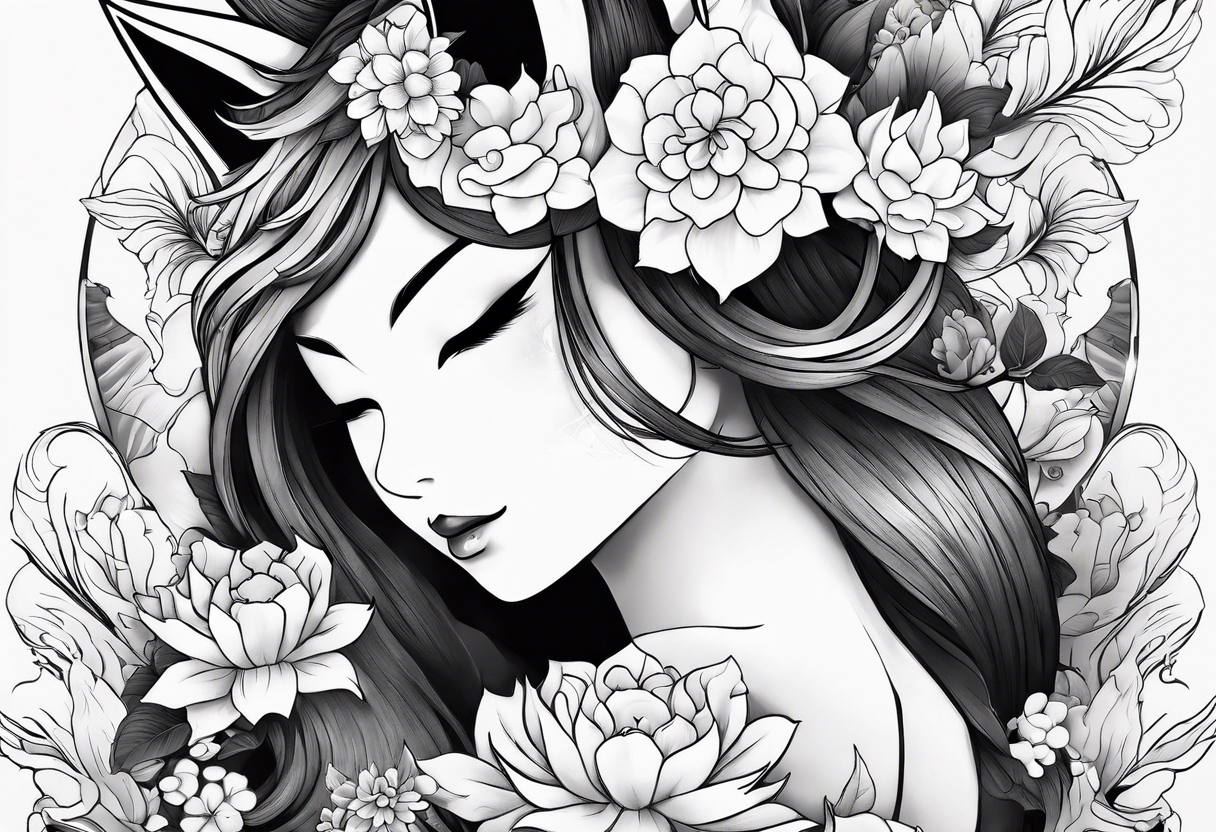 kitsune mask whit woman anime stiyle and  flowers tattoo idea