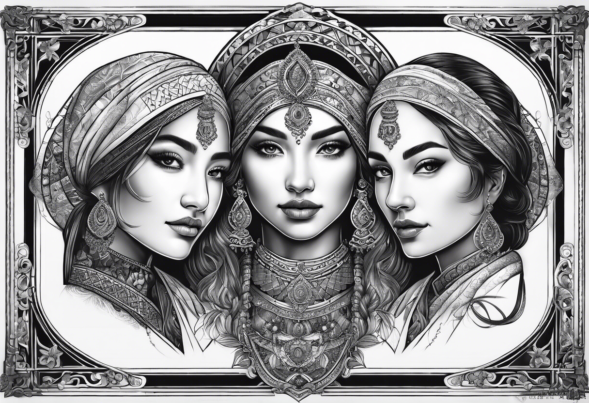 three person side by side. a really young Daughter on the left, mother in the middle, really old grandmother on the right. greater age difference, in an artfully decorated frame tattoo idea