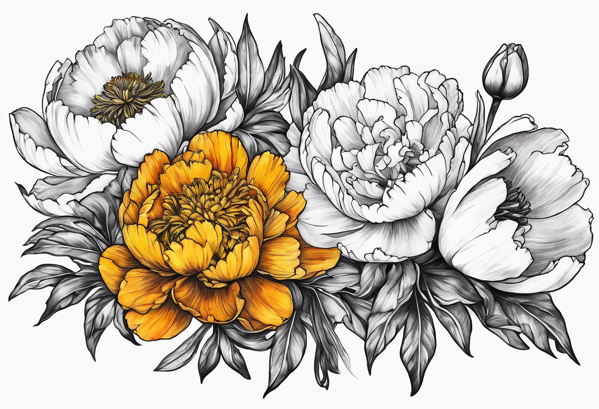 marigold, peony, and narcissus laying side by side, less than 3 inches tall tattoo idea